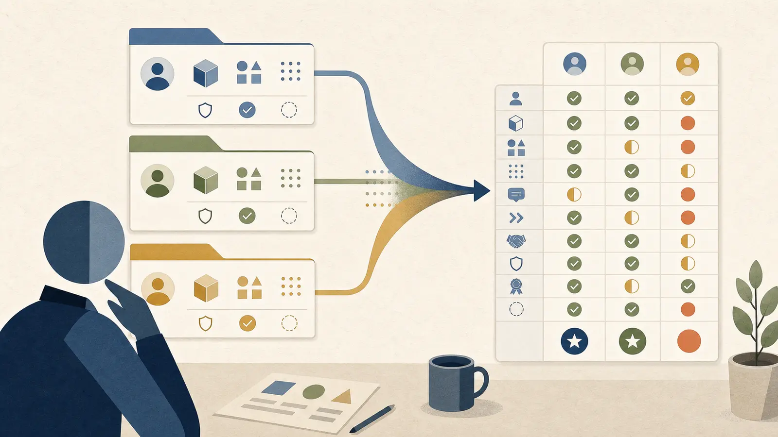 Illustration of a six-row small-company task matrix showing AI assistance and human ownership boundaries