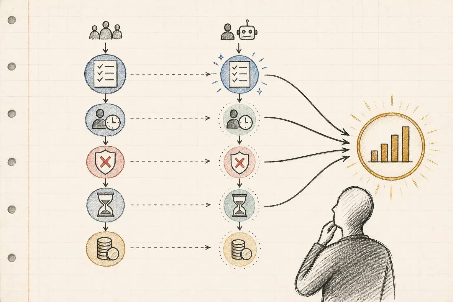 Illustration of a workflow evidence sheet selecting an AI pilot metric