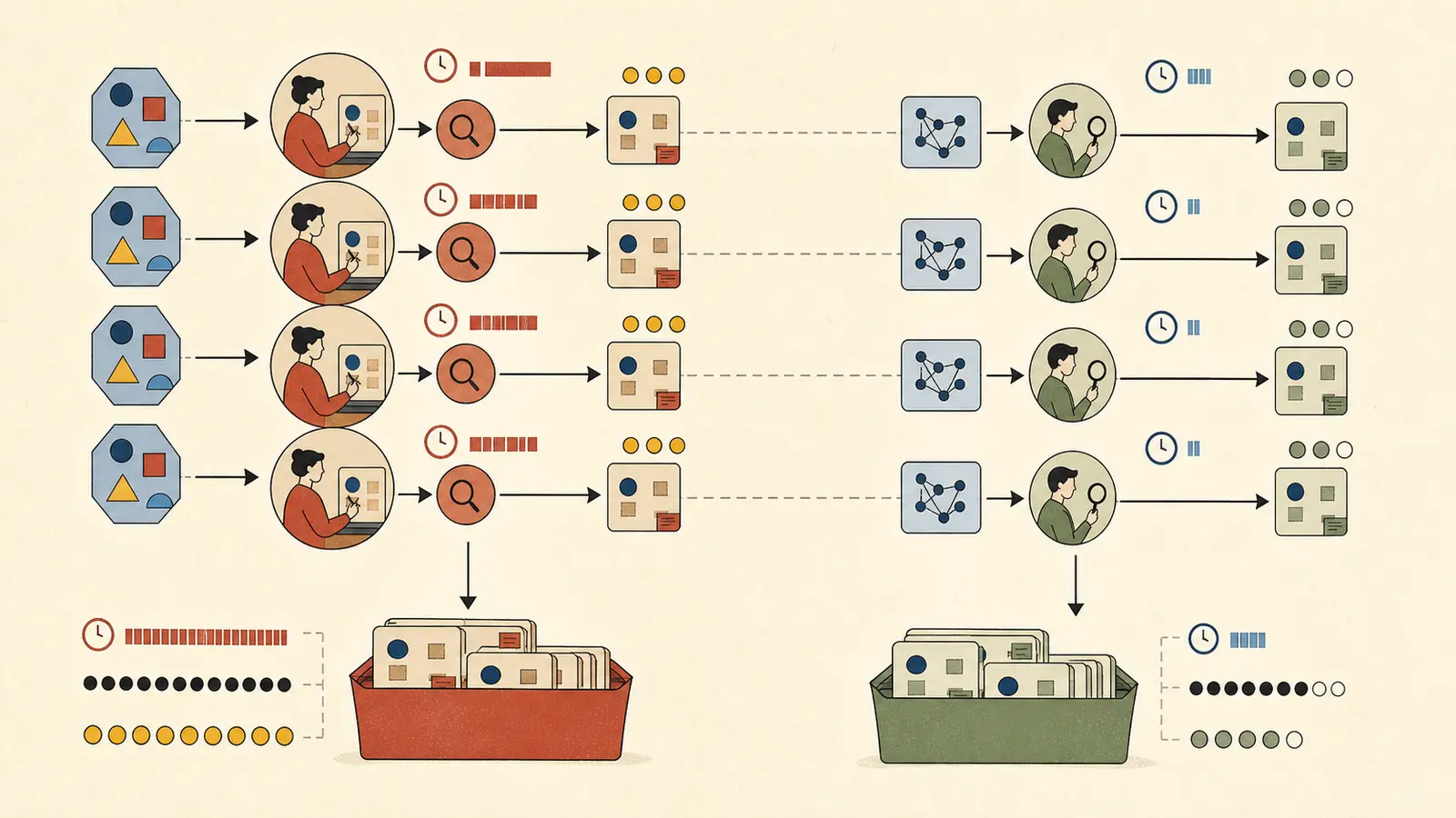 Illustration of paired baseline and AI workflow evaluation lanes