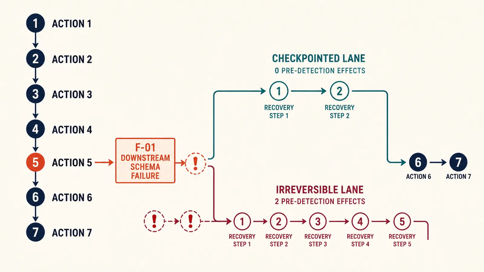 Illustration of two paired execution traces diverging at the same injected failure, with checkpointed replay on one side and irreversible compensation on the other