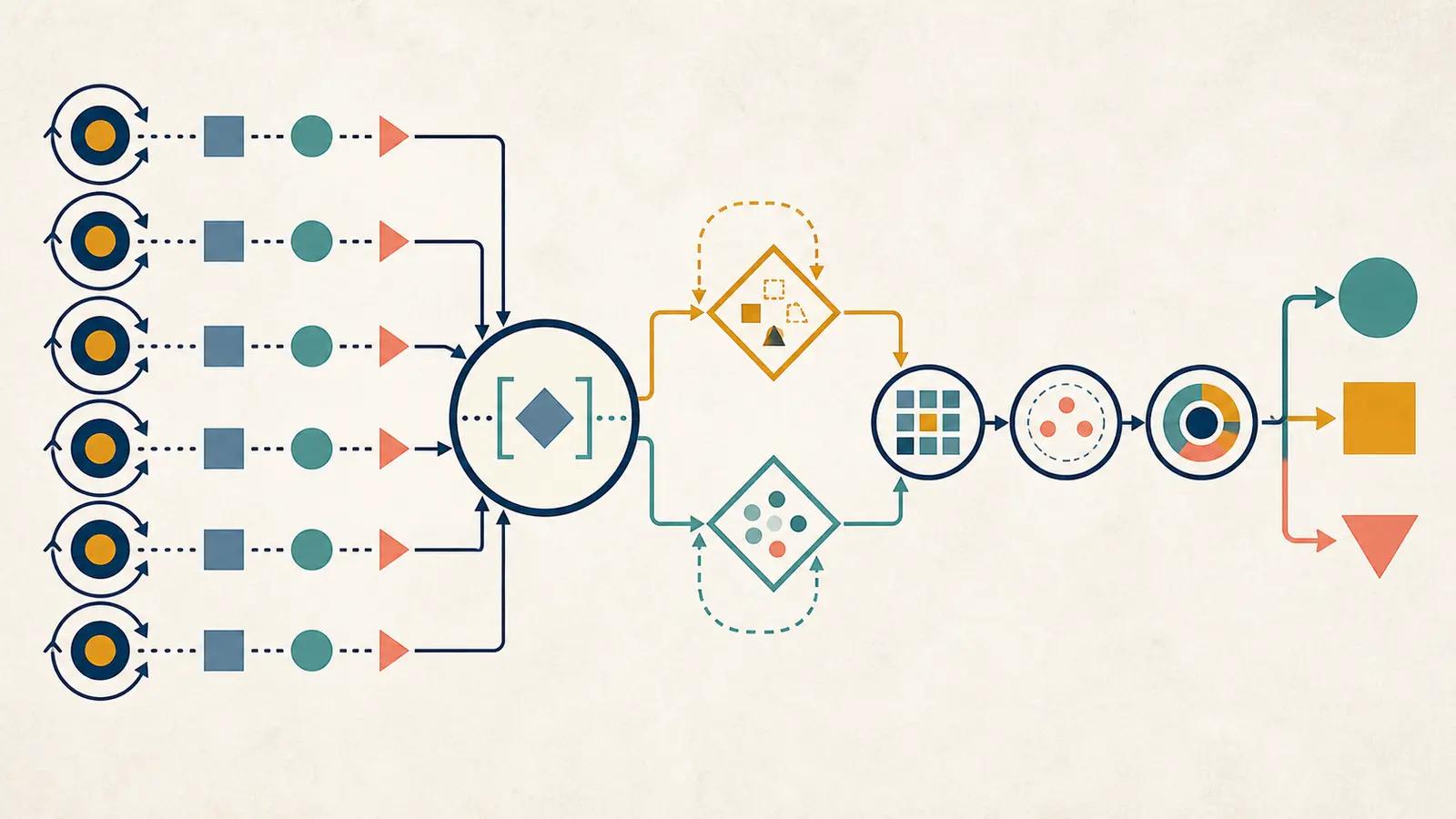 Illustration of six recurring report cycles flowing through schema changes, normalization, grading, and a handoff decision