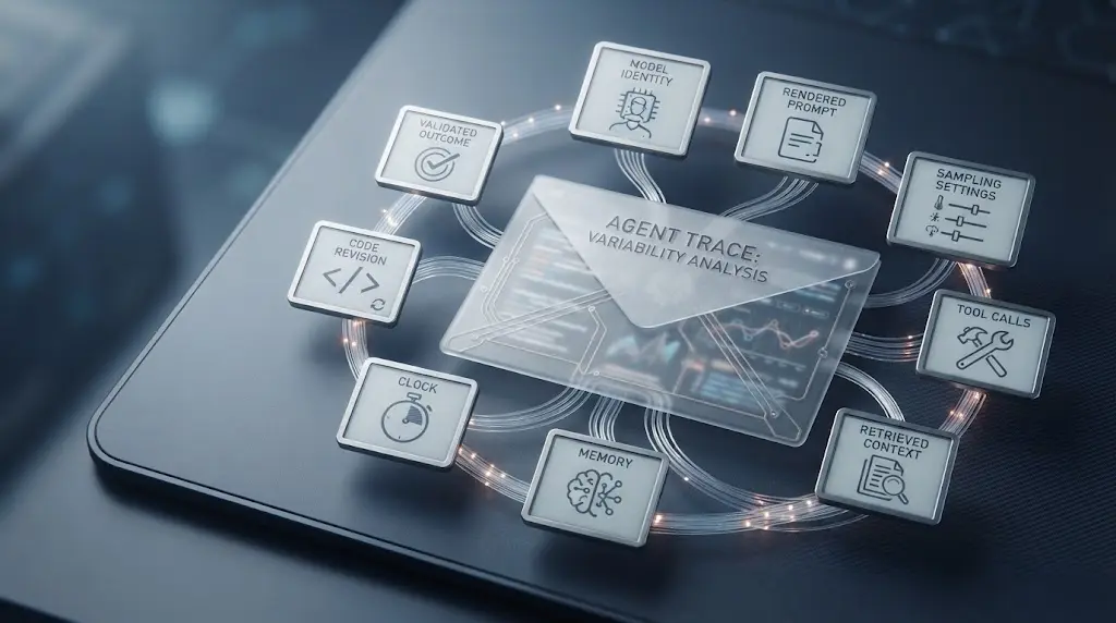 Illustration of an AI agent trace envelope recording model, prompt, tools, retrieval, time, and outcome