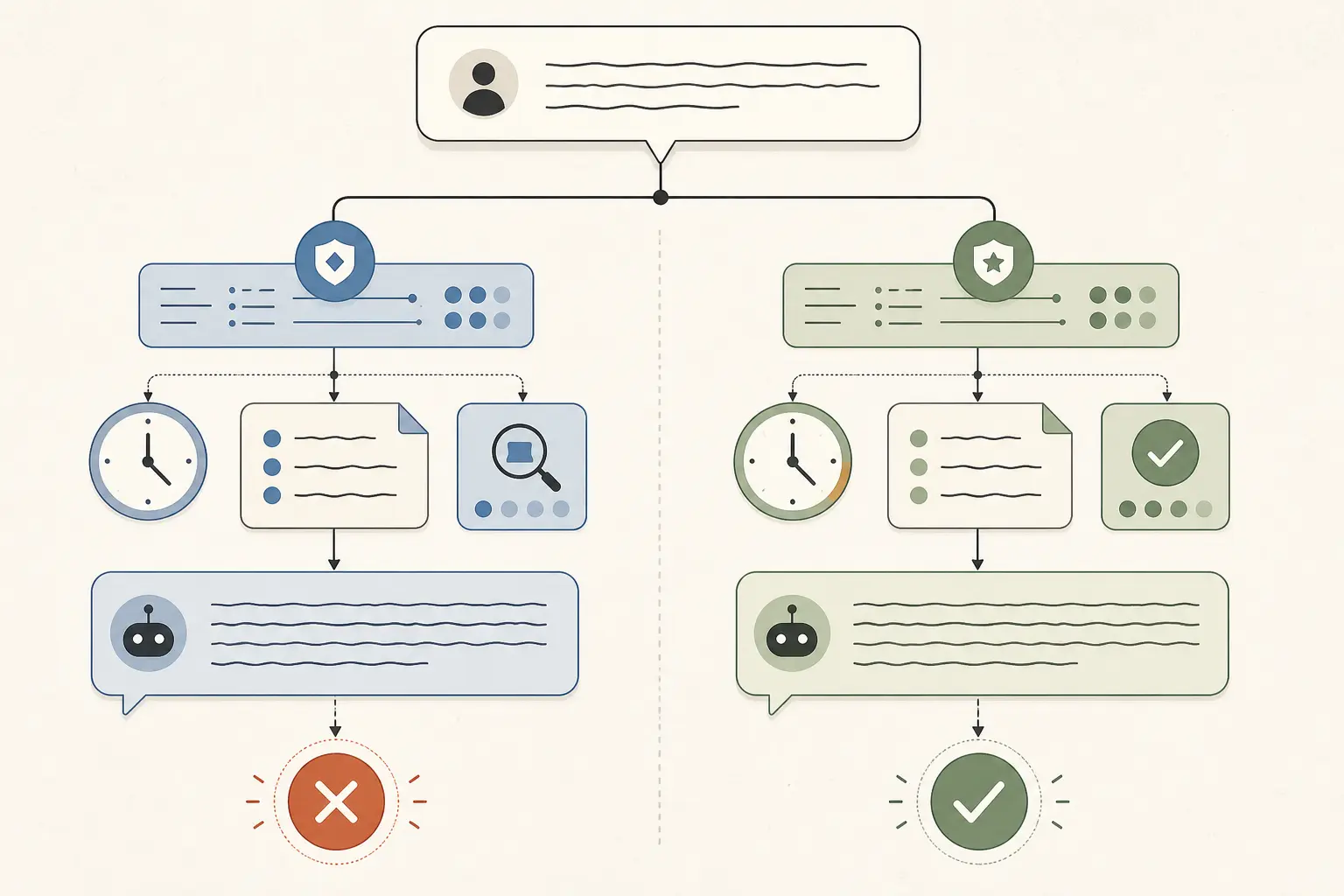 Illustration of two support-agent traces where changing policy and time alter the decision