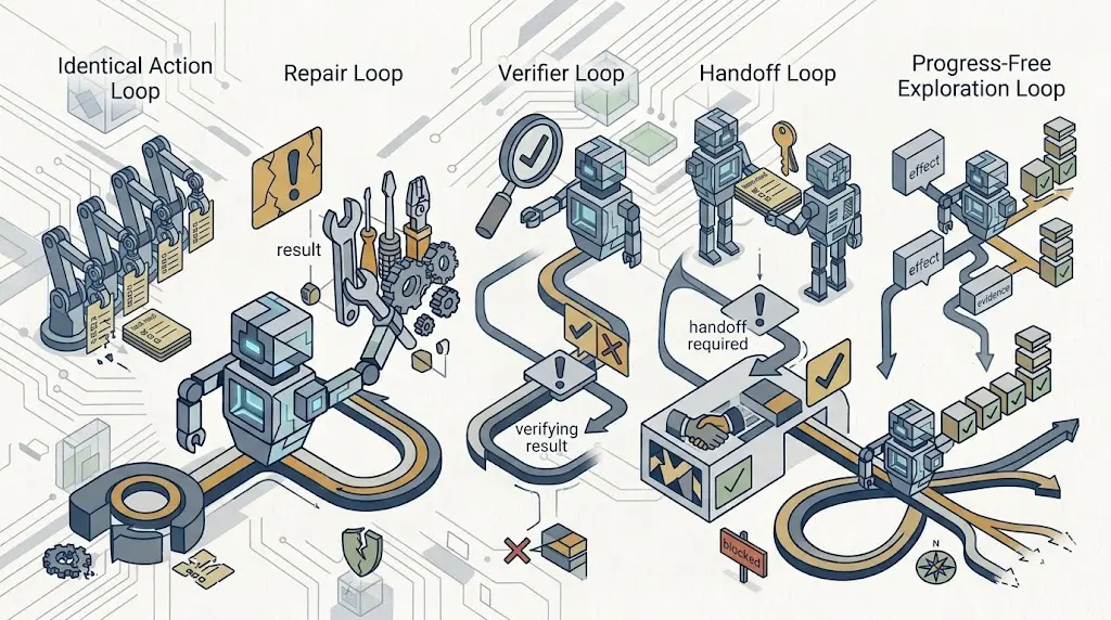 Diagram comparing the main shapes of non-converging AI agent loops