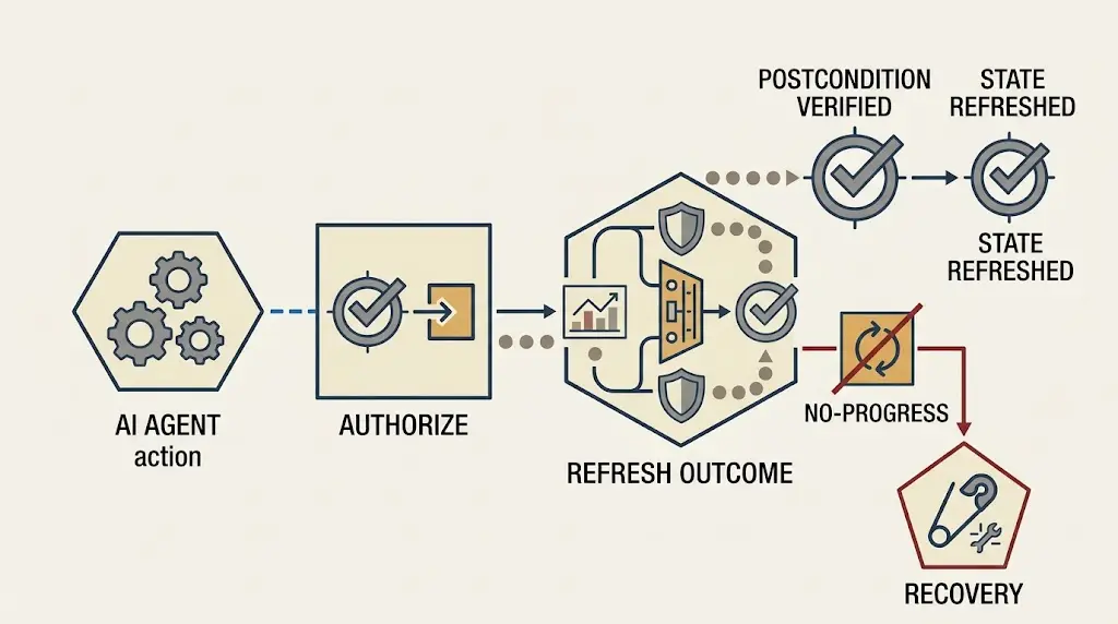 Architecture diagram connecting an agent action to a verified postcondition and recovery branch