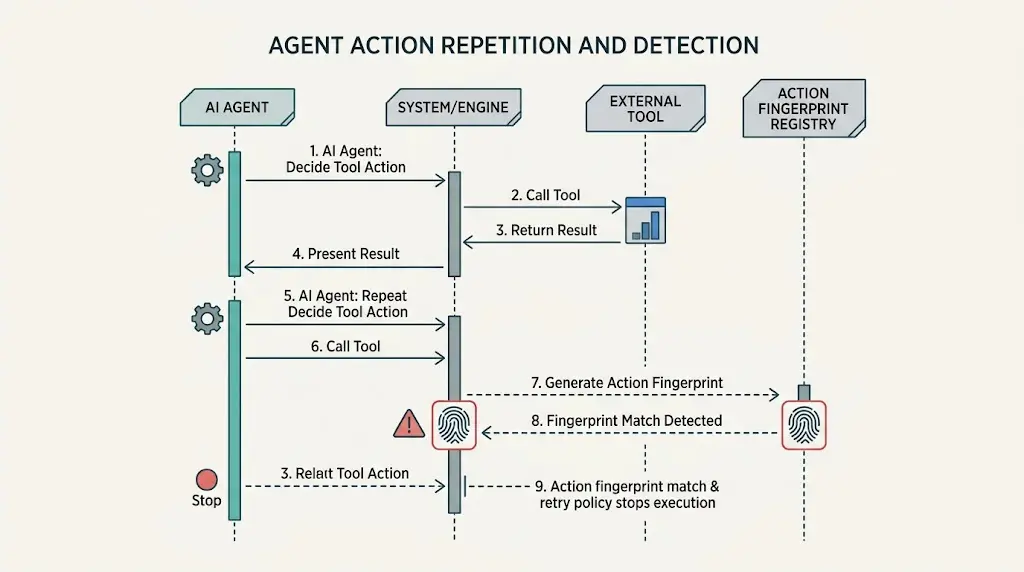 Trace sequence showing an action fingerprint detecting a repeated effective tool call