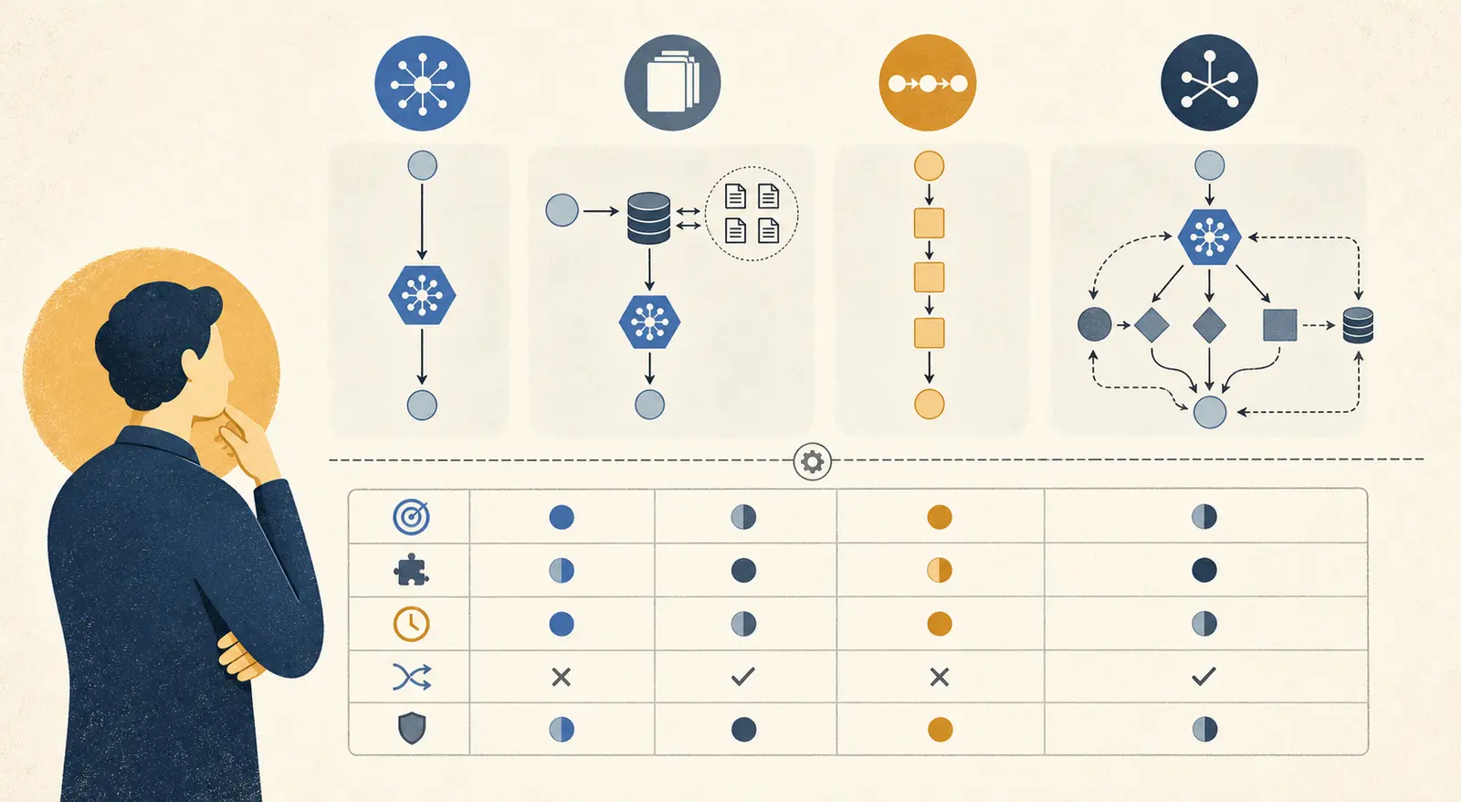 Illustration of four AI architecture paths converging on a product decision review