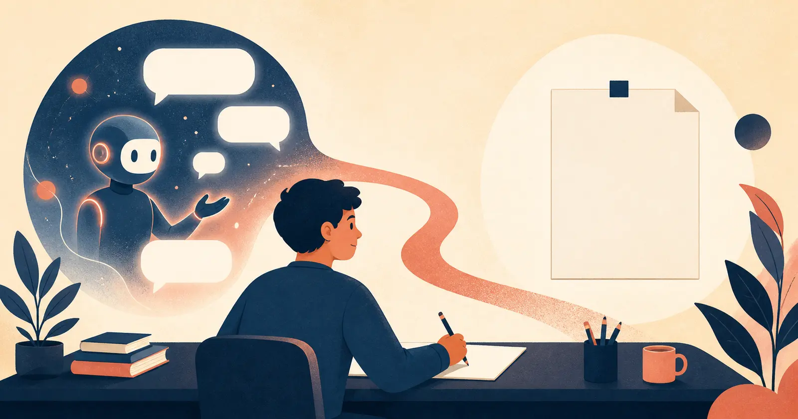 Illustration of an AI tutor session opening into an unaided transfer test