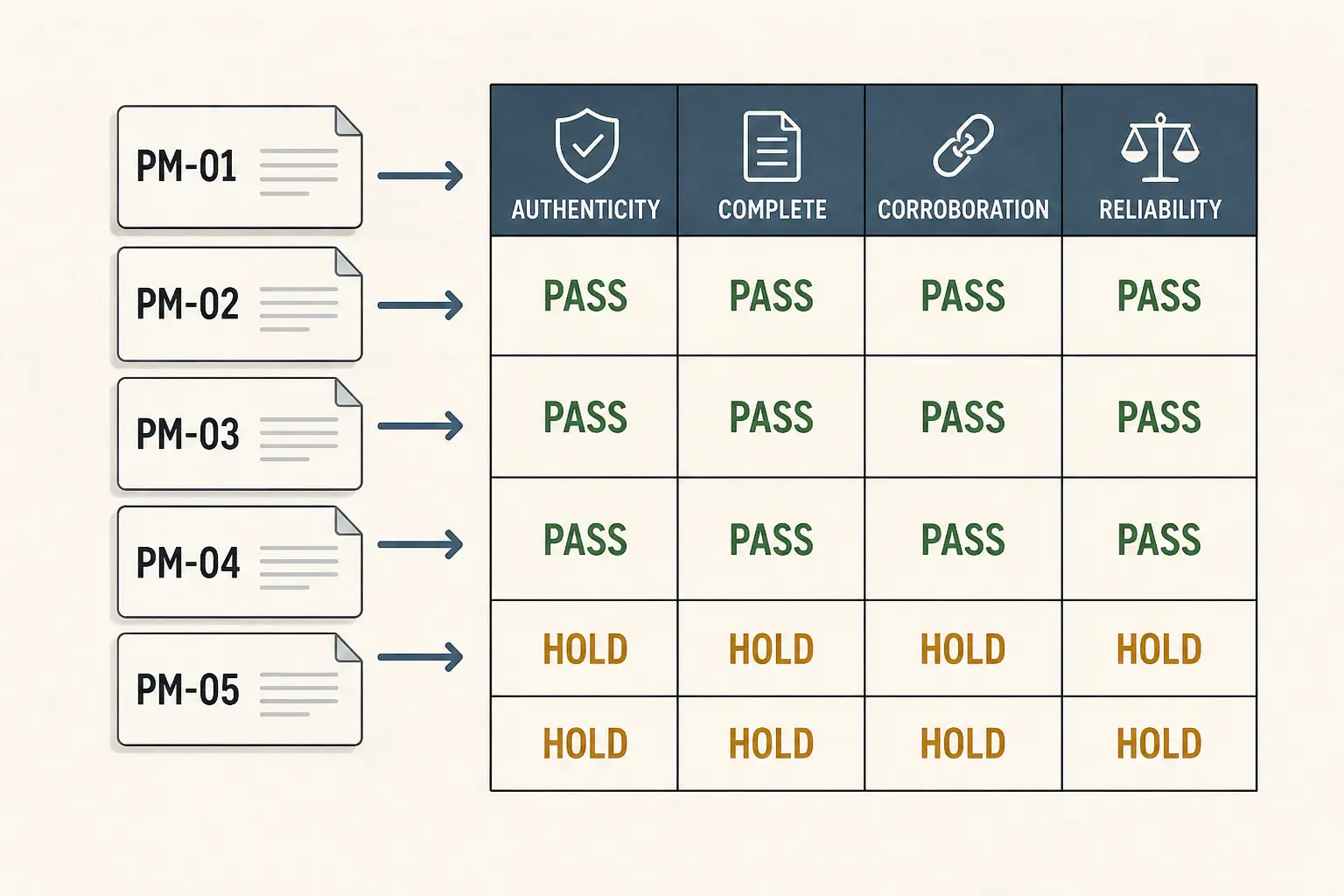 Illustration of five blinded incident documents flowing into a four-dimension score table
