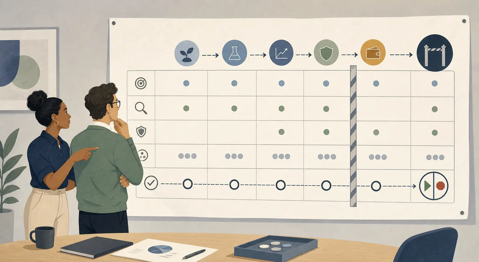 Illustration of a buyer reviewing an AI pilot funding gate with evidence, payment, and stop conditions