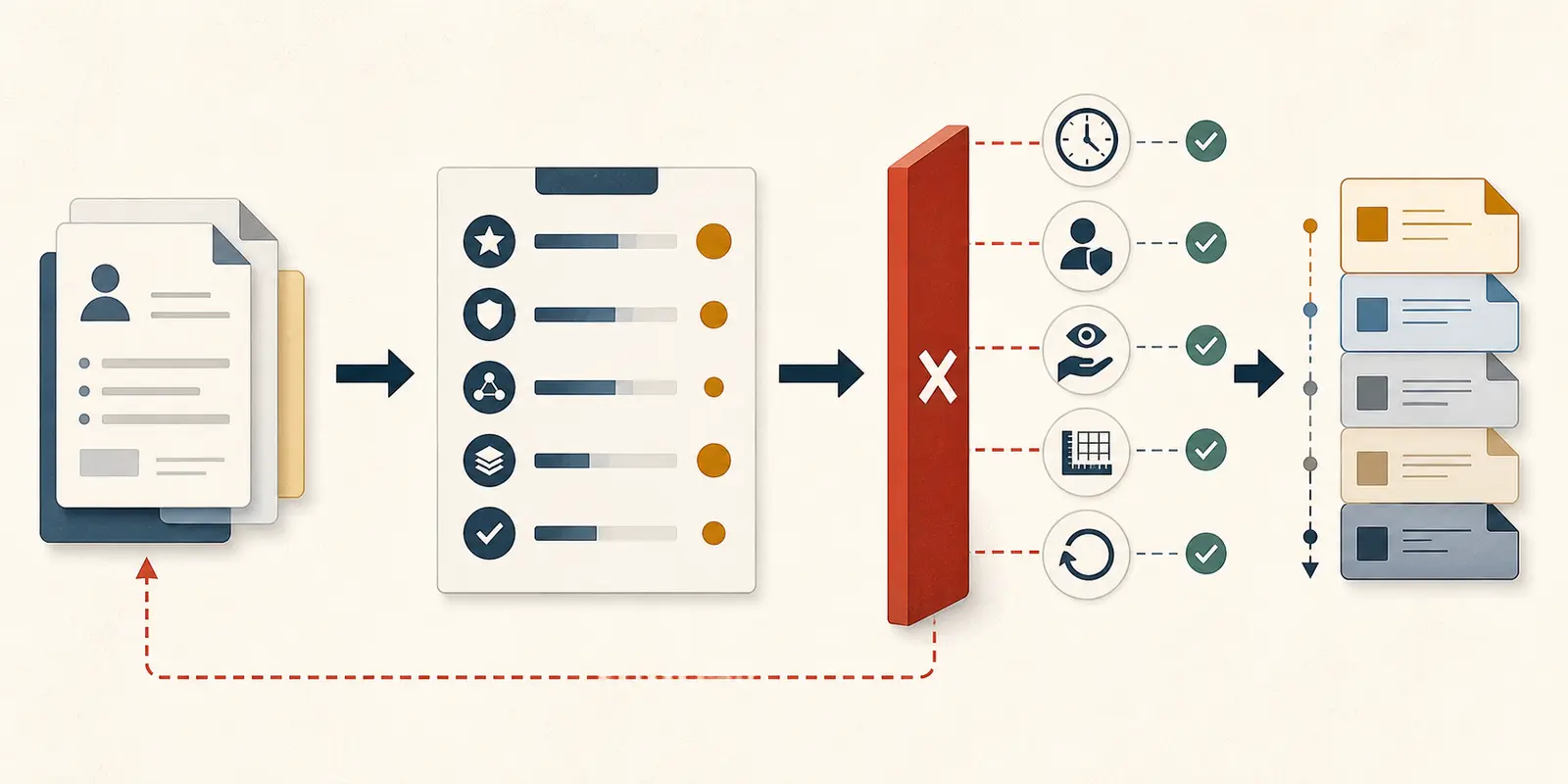 Illustration of a renewal-risk scorecard with three ranked workflow options and a veto gate