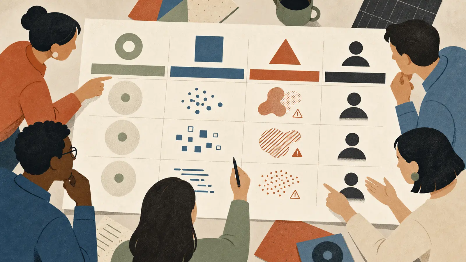 Illustration of a small team reviewing three AI evaluation cases around a shared decision table