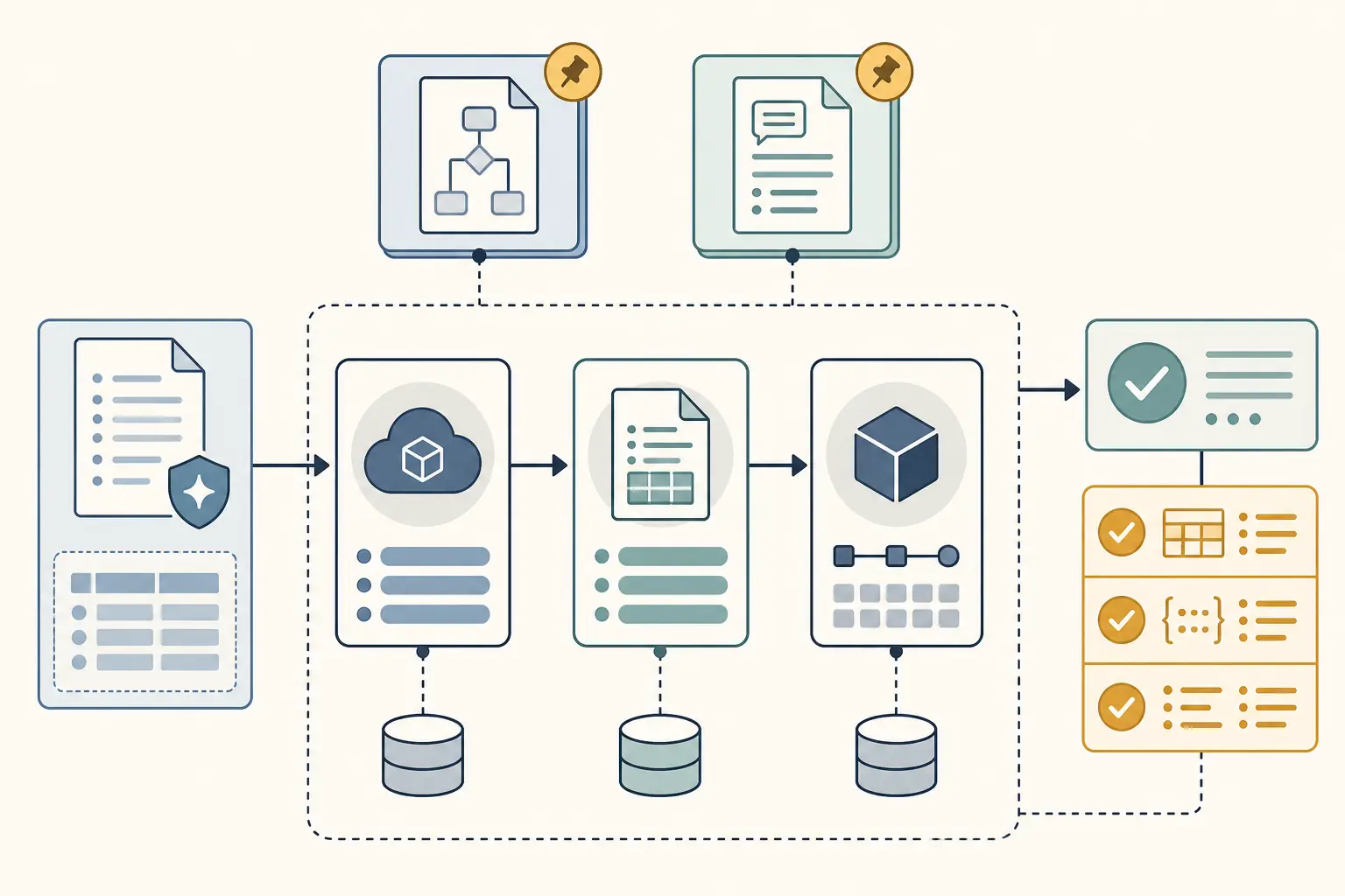 Illustration of a sanitized invoice, mocked dependencies, version pins, and assertions flowing into a replay command