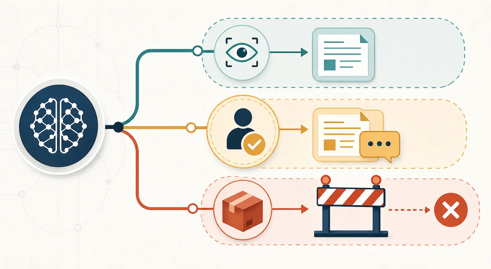Illustration of AI workflow action classes separated into shadowed, approval-gated, and out-of-scope permission boundaries