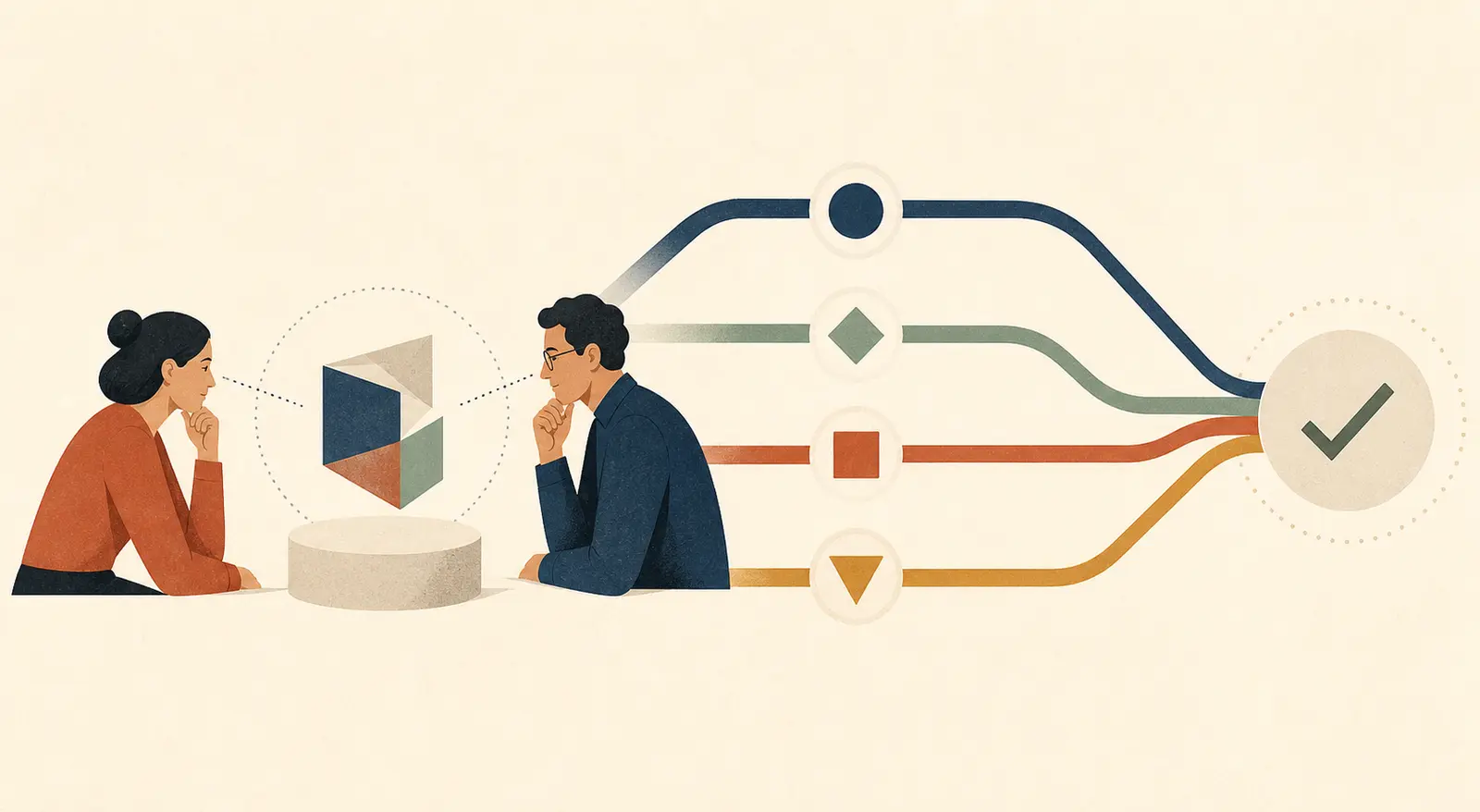 Illustration of two reviewers turning conflicting AI quality judgments into an evaluation release decision
