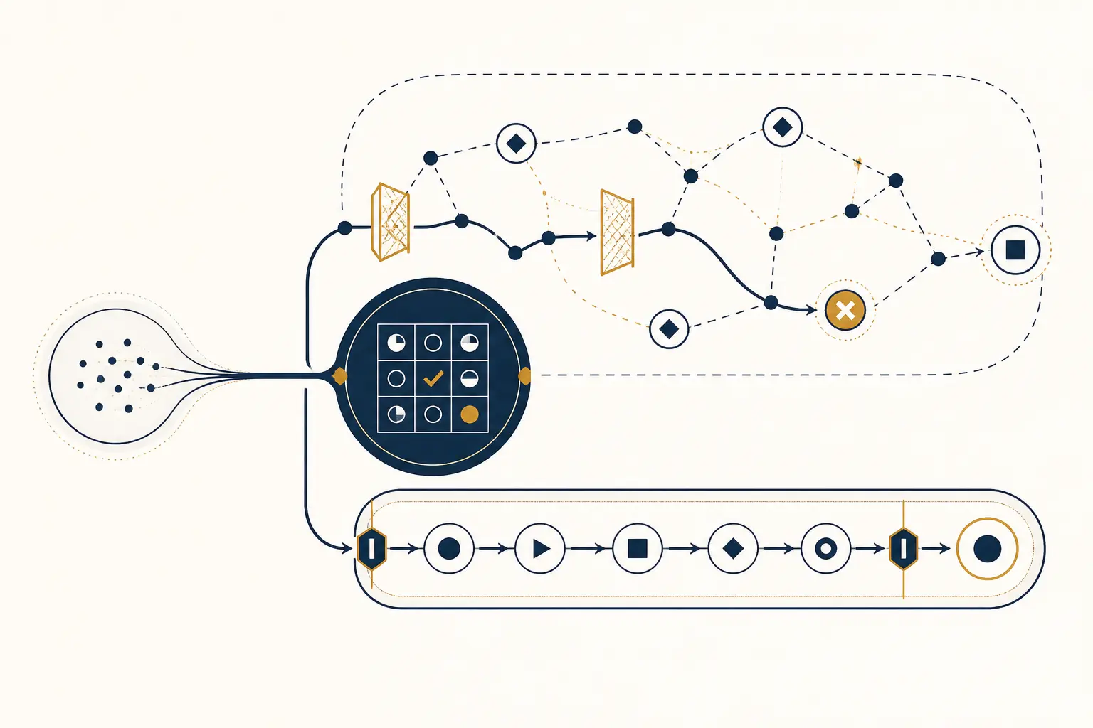 Illustration of an append-only event stream feeding a replay reducer and an idempotent projection