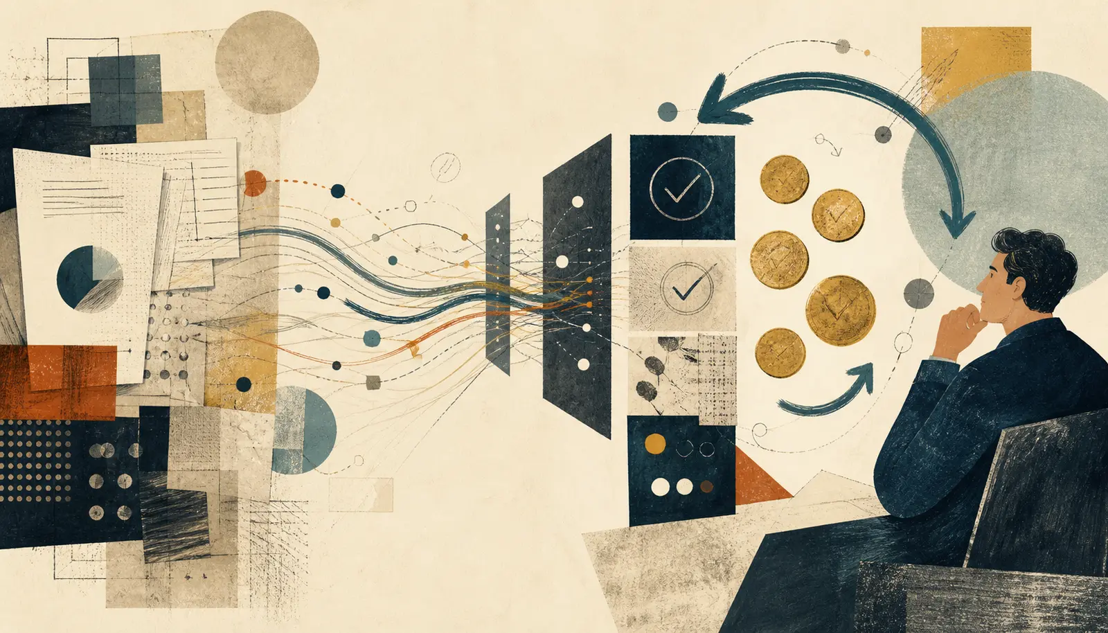 Illustration of an AI agent business case moving from forecast to measured production evidence and a recurring human decision