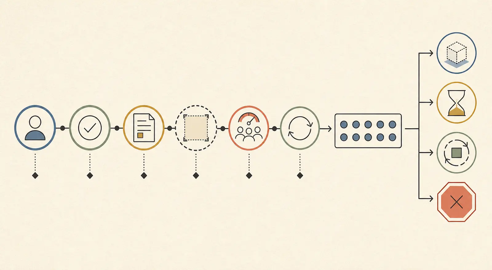Illustration of a team testing approval work with a pre-prototype decision card