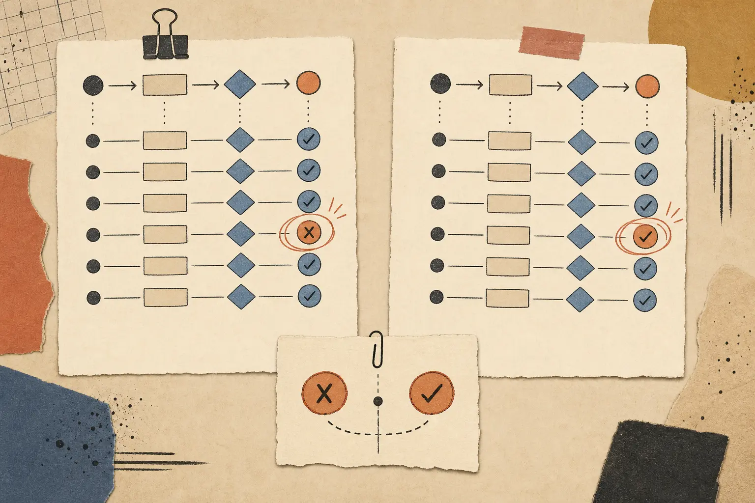 Illustration of two independent annotators comparing an AI workflow trace and preserving a disagreement before adjudication