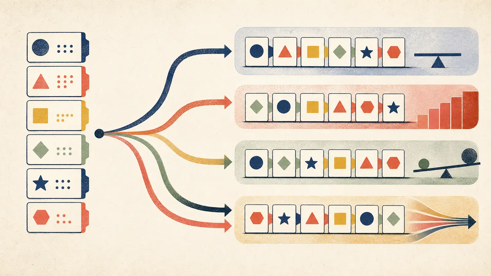 Illustration of six anonymized AI workflow traces moving into four different prioritization queues