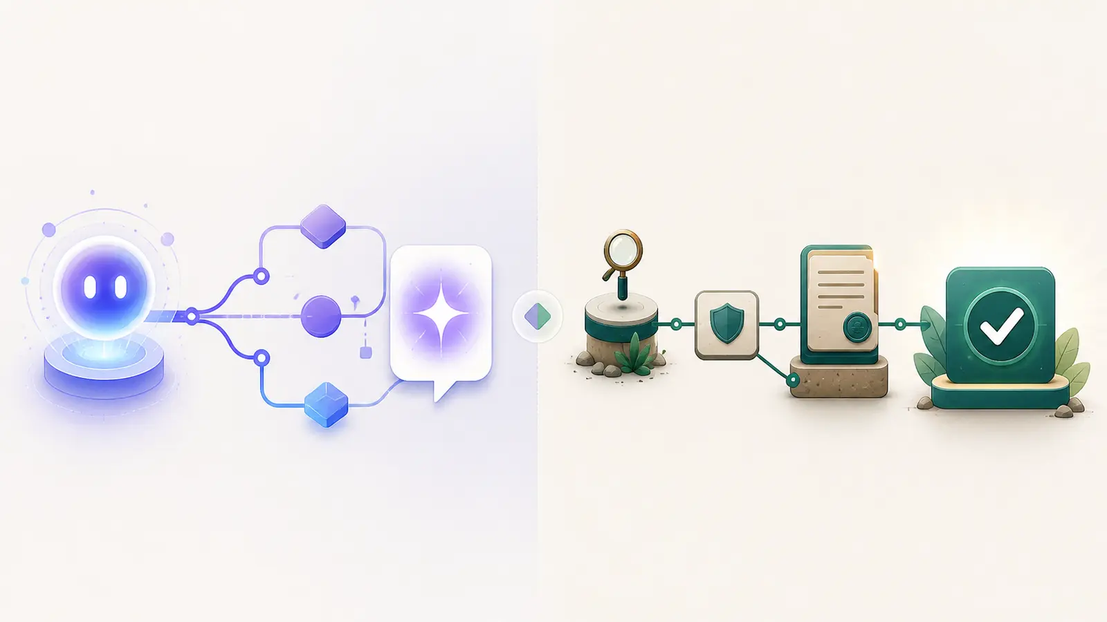 Illustration of a reversible AI product pilot moving from feedback evidence to human review and a continue or stop decision