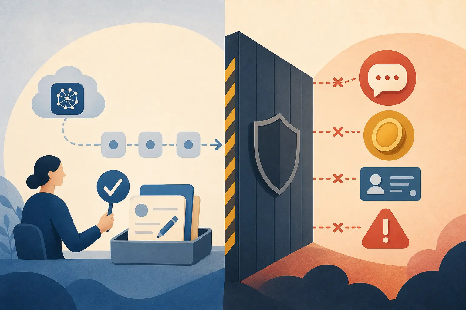 Illustration of an AI workflow stopping before a payment, message, record update, or high-impact decision