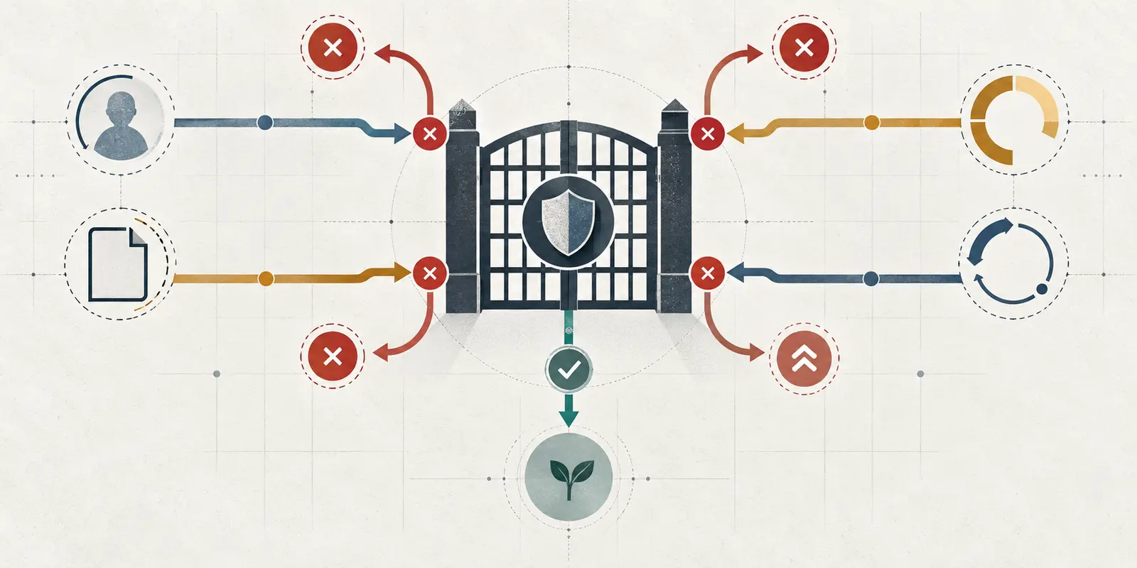 Illustration of four incomplete AI workflow decision maps being rejected or routed to escalation by a fail-closed validator