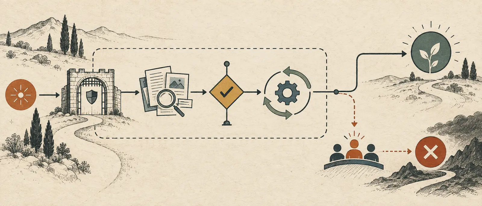 Illustration of an AI workflow decision map connecting a trigger, authority boundary, approval checkpoint, recovery path, and terminal state