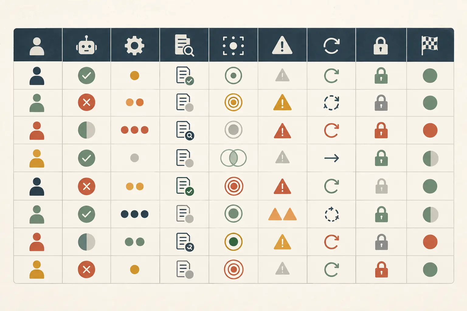 Illustration of a completed decision-boundary table with owner, AI permission, evidence, approval, escalation, recovery, and terminal state columns