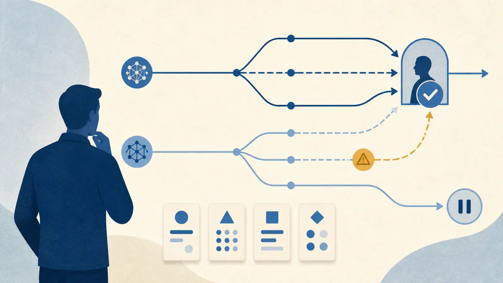Illustration of an operator comparing two AI reasoning runs on a mapped operations process