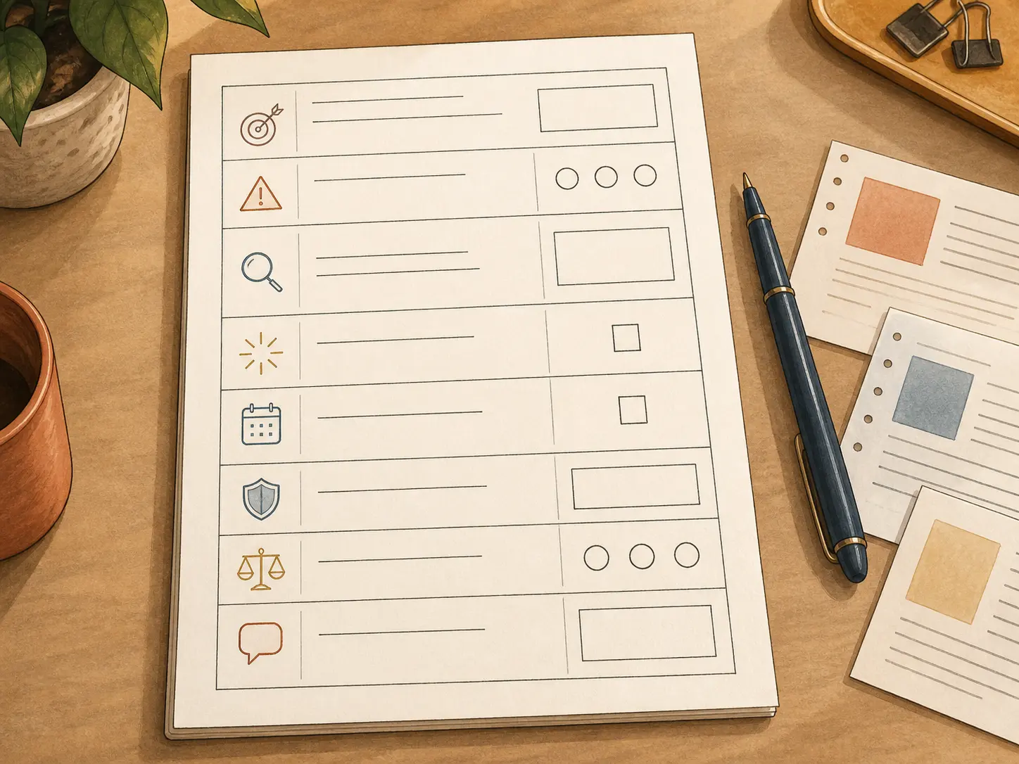 Illustration of a blank AI output decision log with evidence and reviewer-boundary fields
