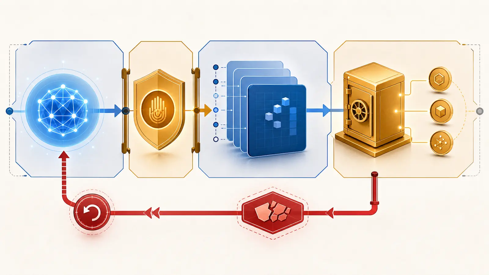 Illustration of a bounded AI pilot workflow moving from proposal to approval, commit, and rollback