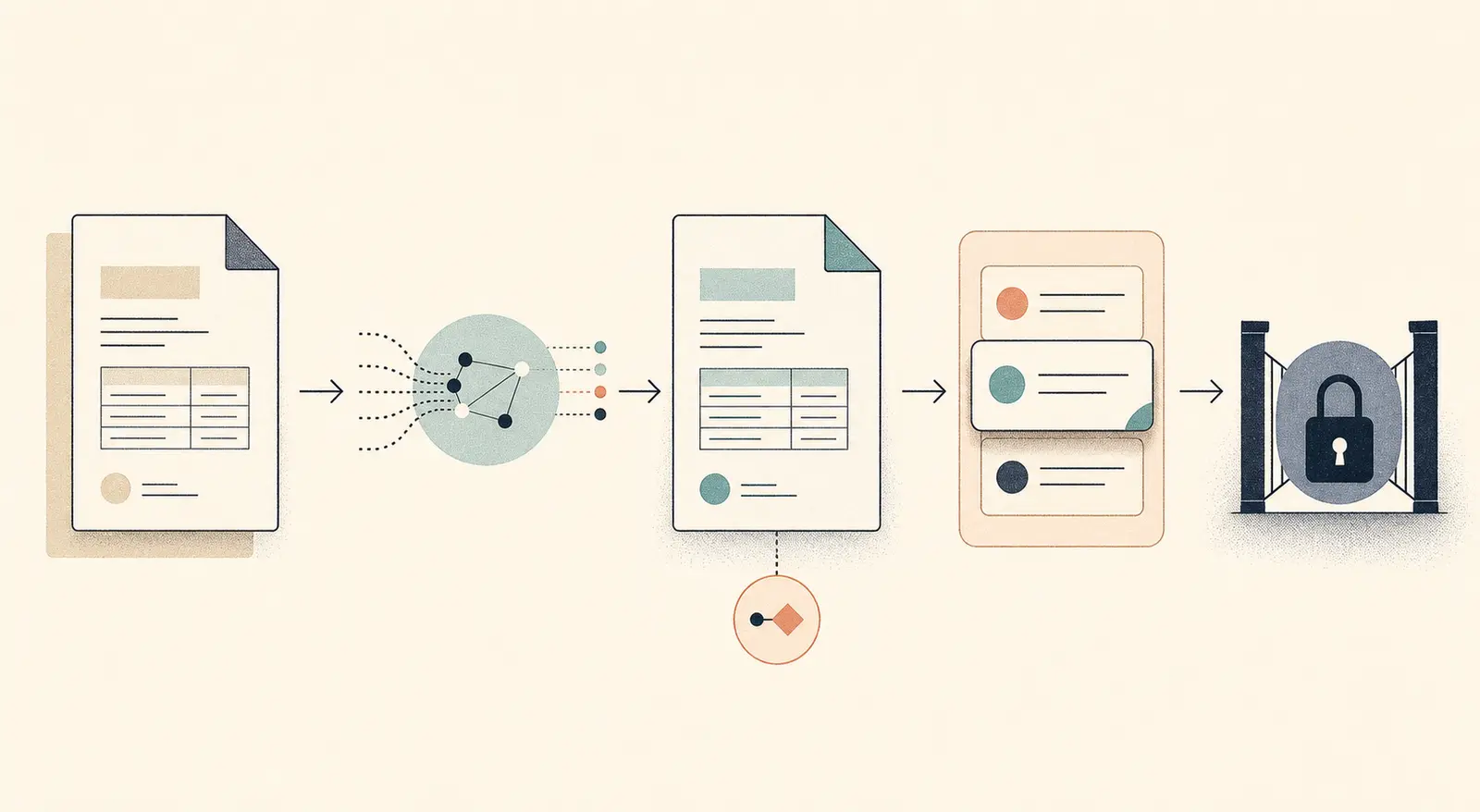 Illustration of an AI extraction workflow moving from automatic output through correction review to a protected downstream write
