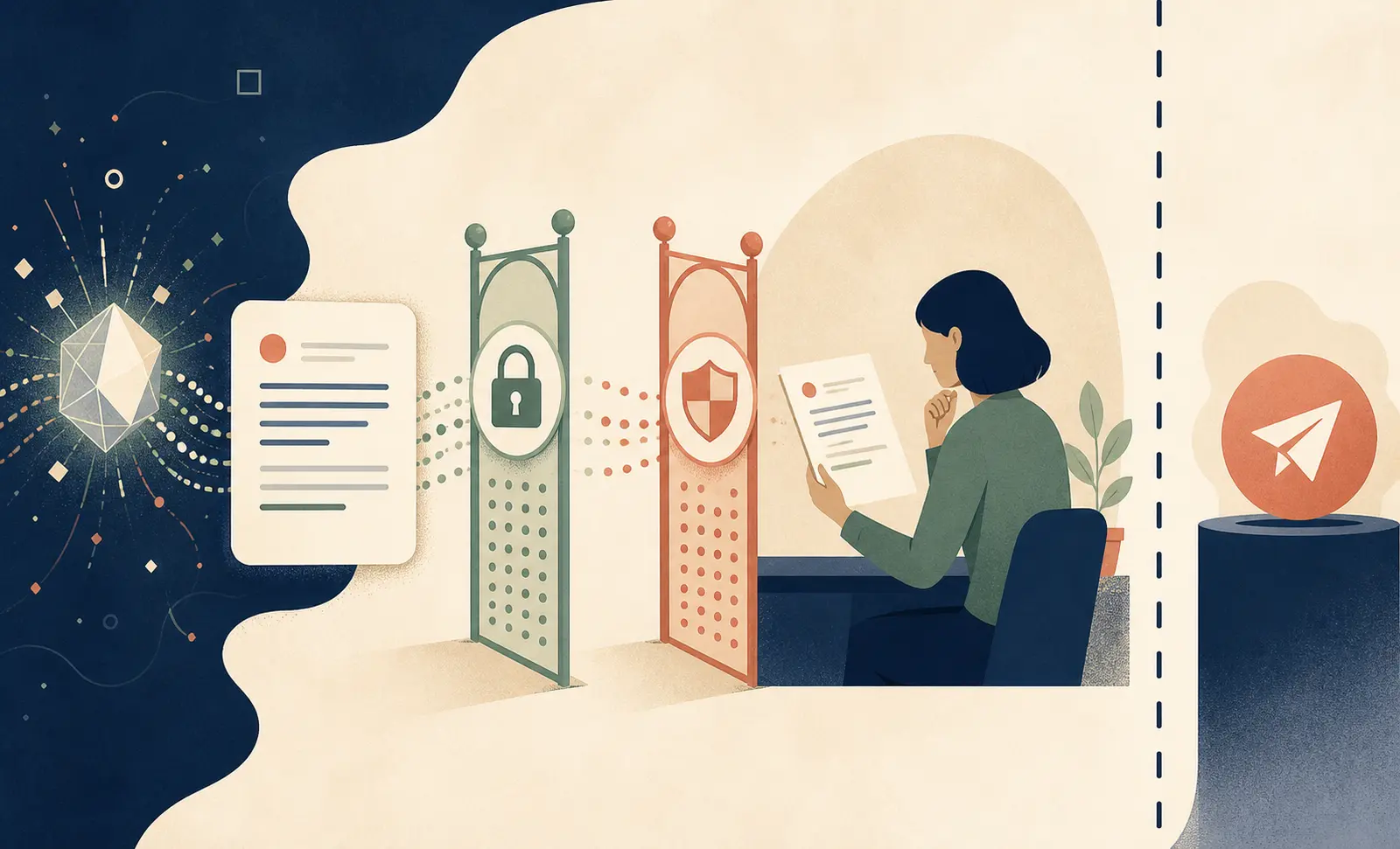 Illustration of an AI support reply draft stopping at human review before a separate send action