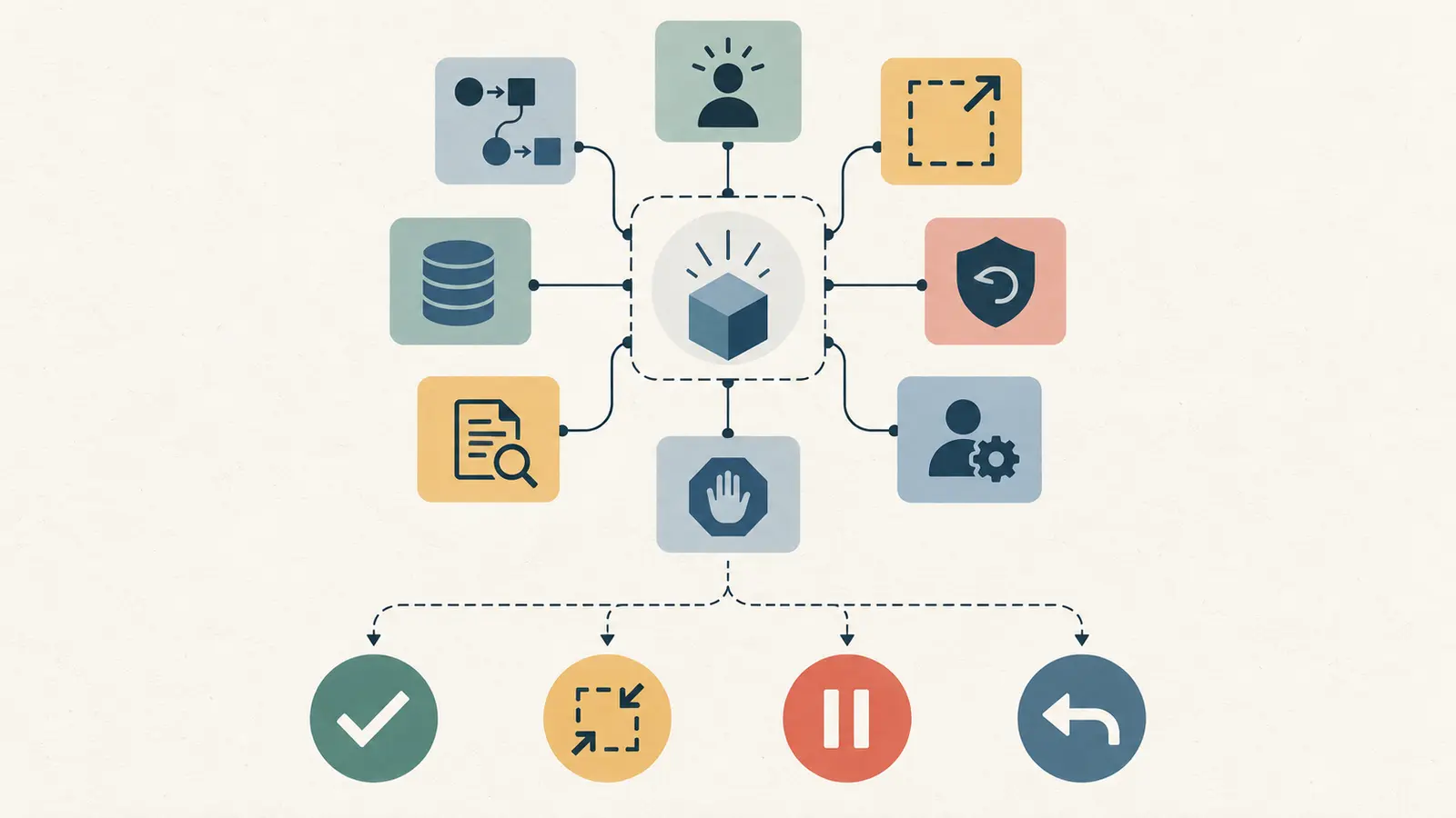 Diagram of a first-release decision card connecting scope, authority, fallback, owner, evidence, and stop conditions