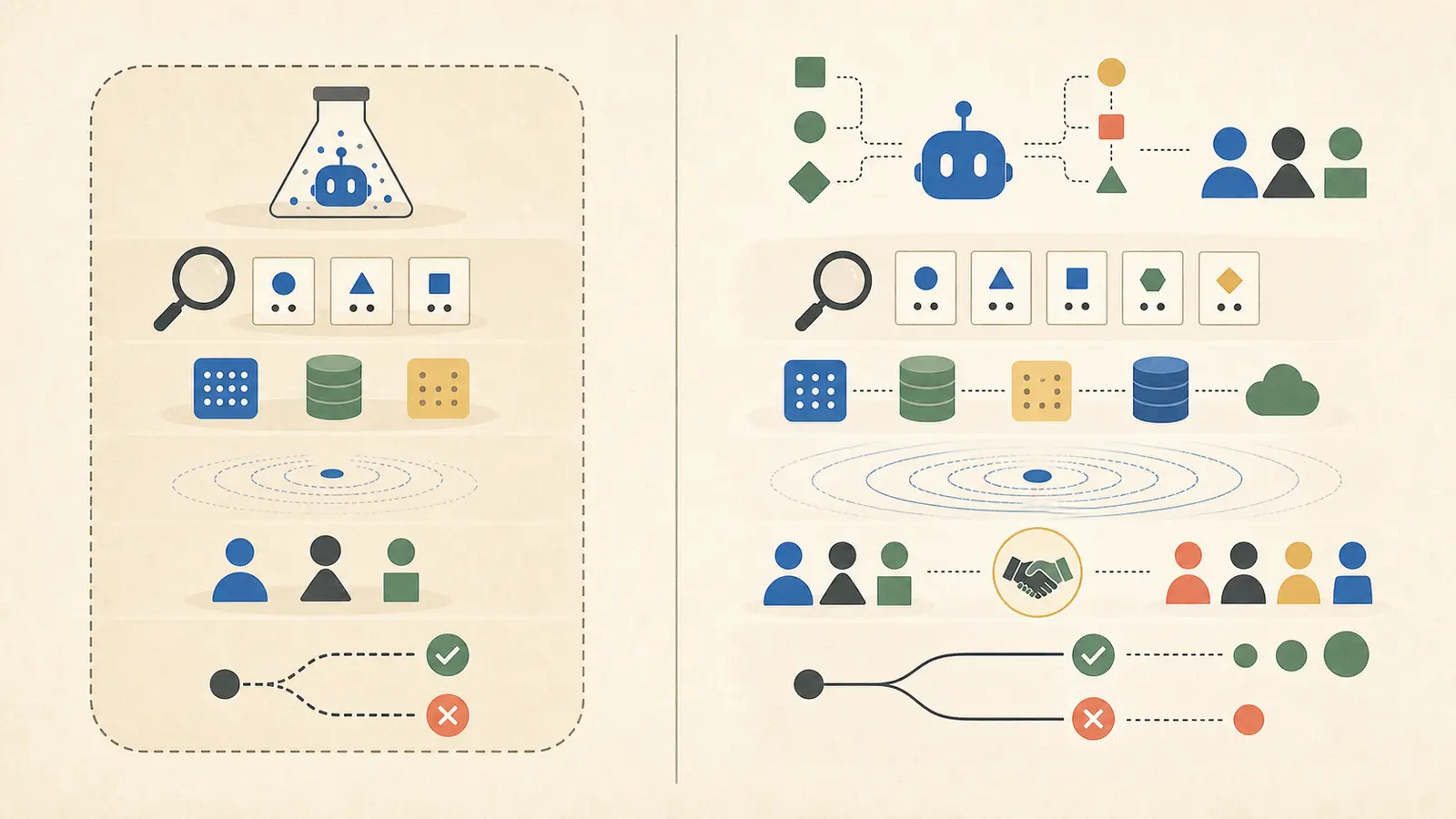 Illustration of the difference between an AI agent proof of concept and a pilot