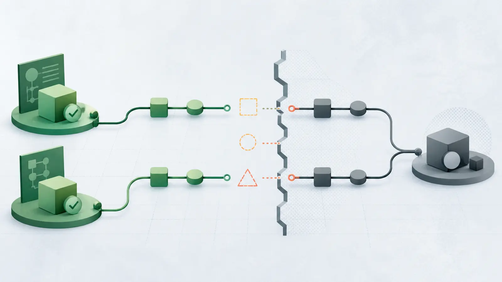 Illustration of an AI test suite passing while a handoff loses state, ownership, and the next action