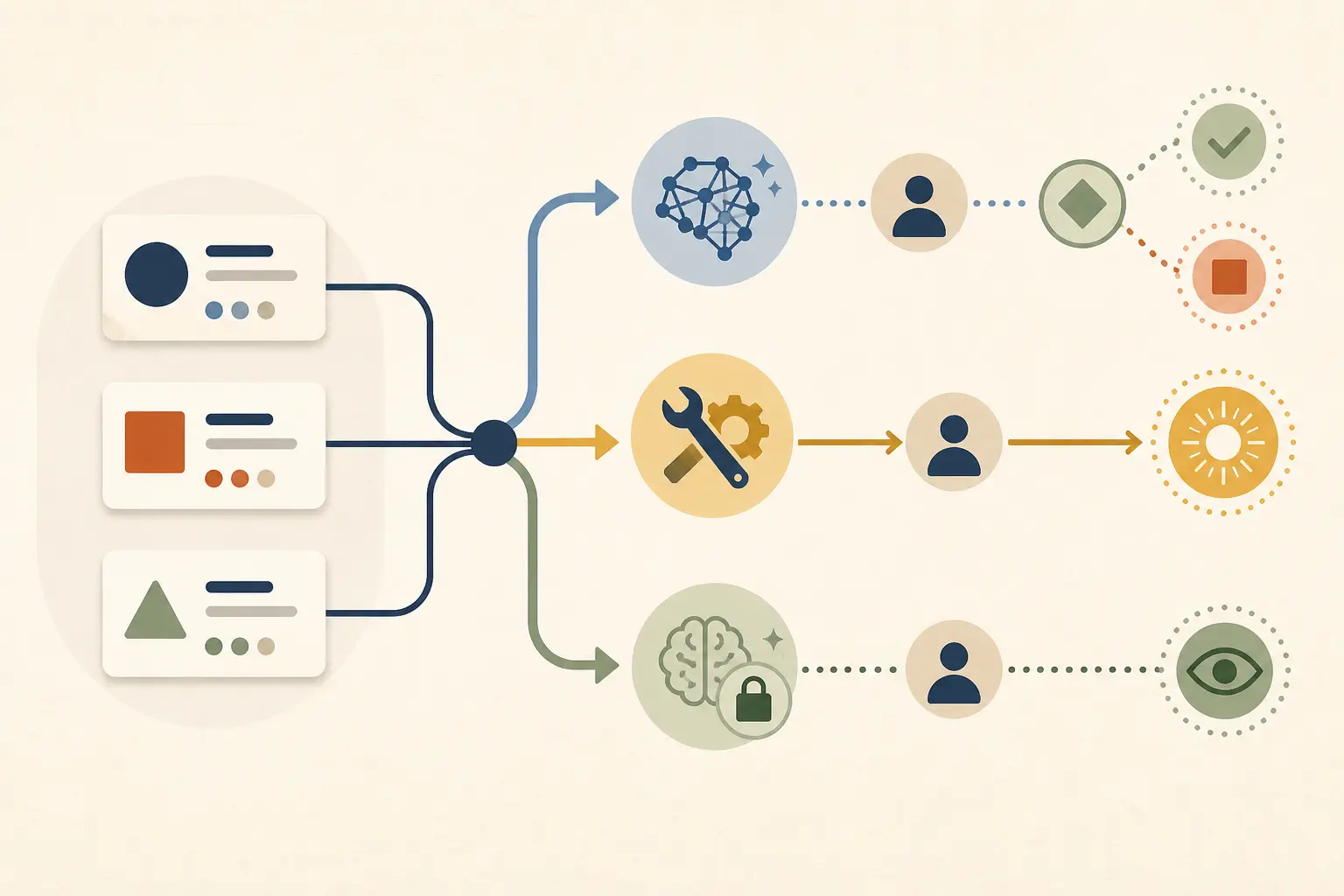 Illustration of three synthetic workflow decisions branching toward AI test, process repair, or a stop rule