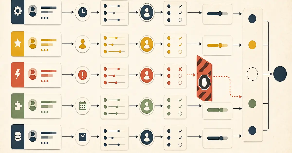 Illustration of an AI workflow graph growing exception branches beside a compact typed handler