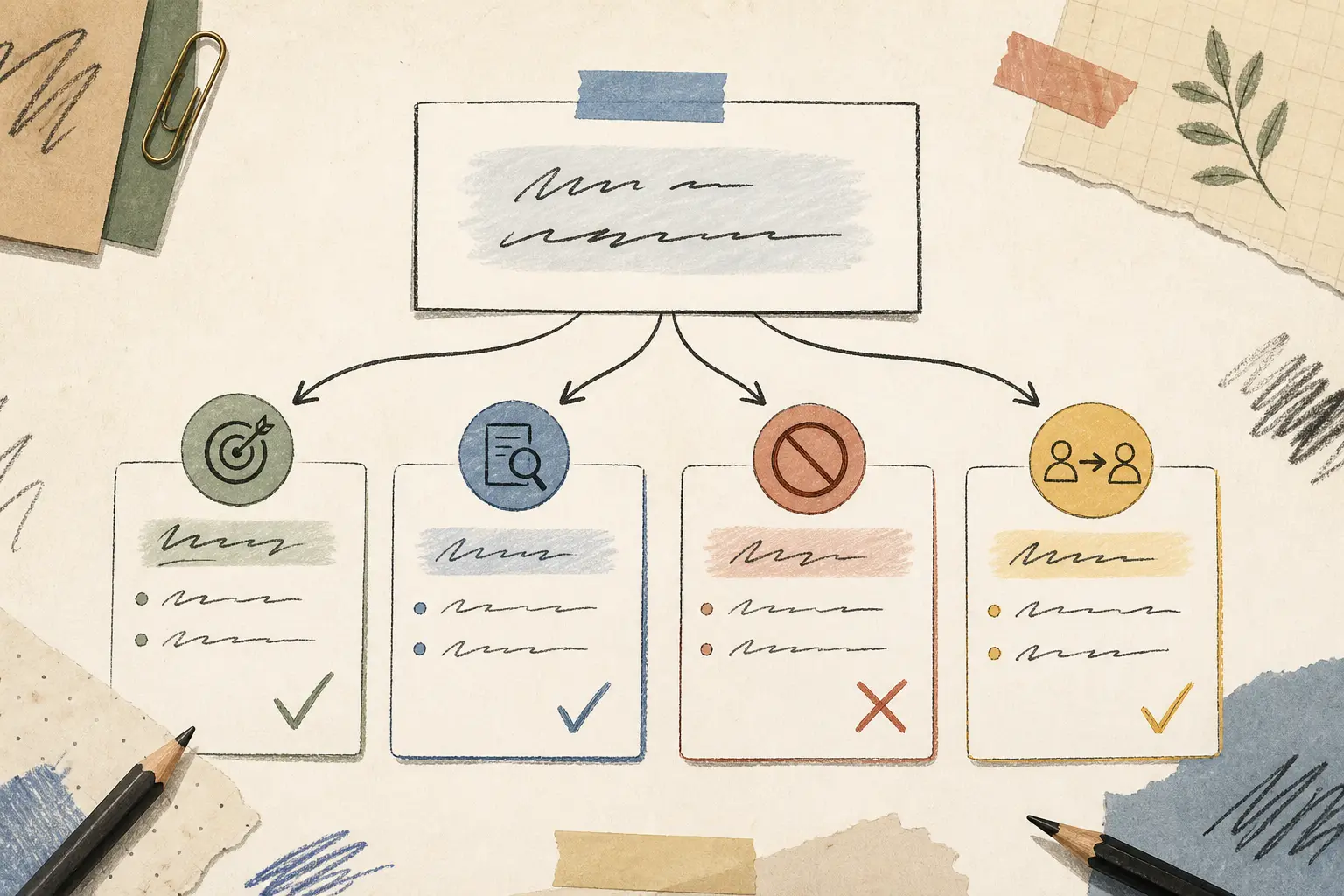 Illustration of an acceptance criteria worksheet turning a vague AI feature request into testable product decisions