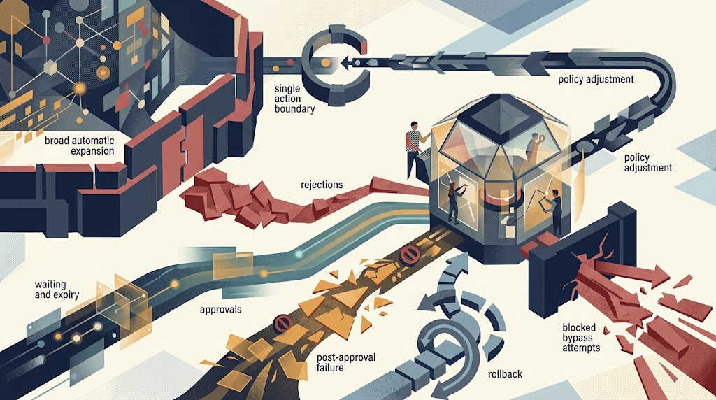 An operating loop connecting approval outcomes, latency, timeouts, failures, and bypass attempts to evidence review and narrow policy changes
