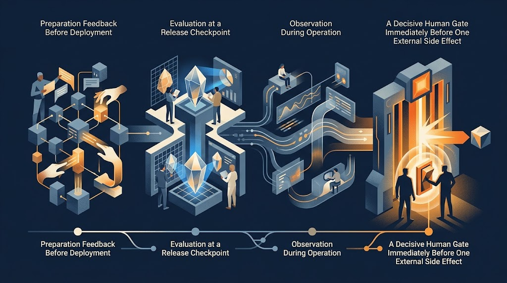 A four-part map separating training feedback, evaluation review, operational supervision, and pre-execution approval