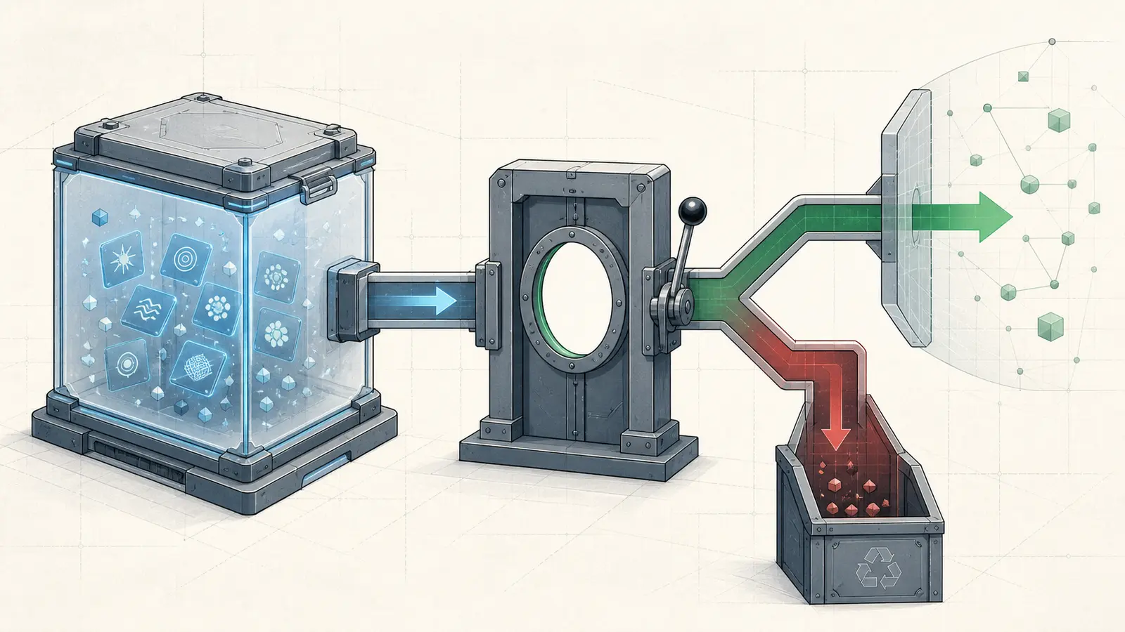 Illustration of a reversible checkpoint separating a proposed AI action from an external release