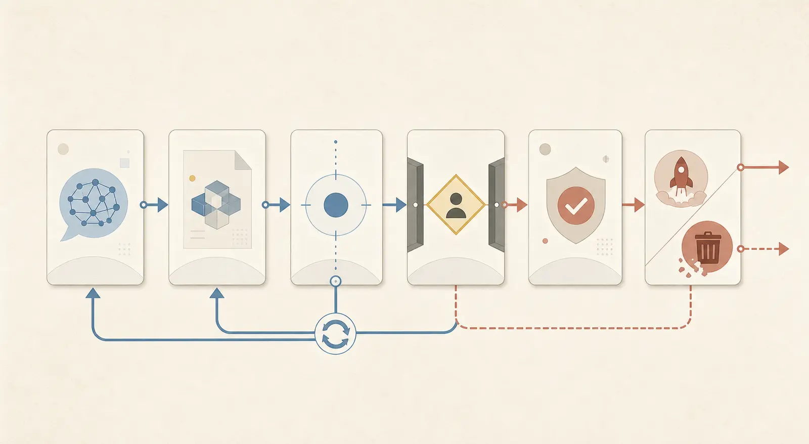 Illustration of an operator pausing an AI workflow before a reversible release