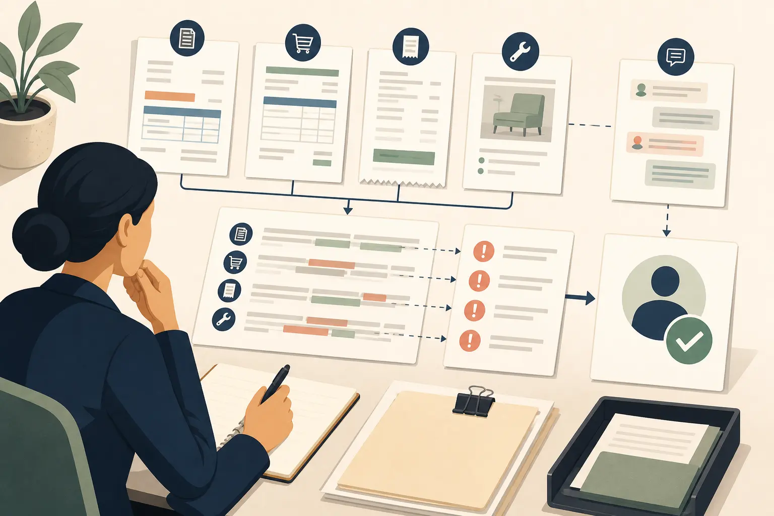 Illustration of a professional reviewing a vendor-dispute evidence packet