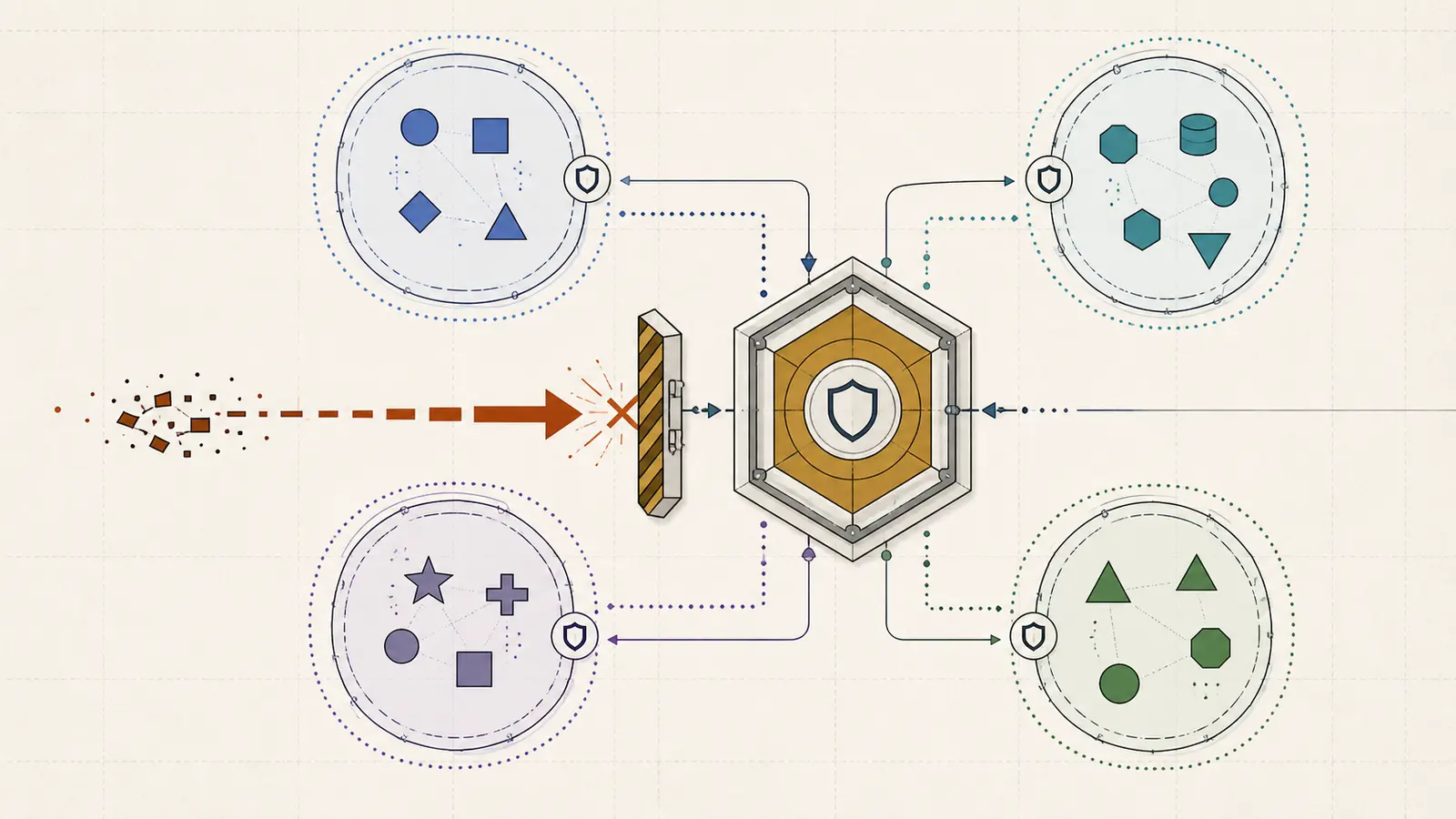 Conceptual diagram of separate AI agent authority zones connected by a narrow audited handoff