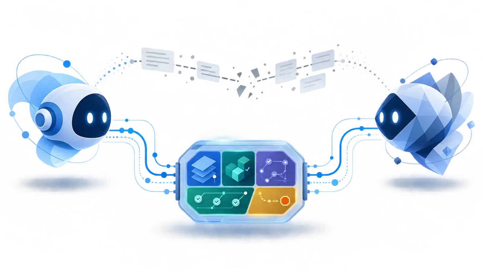 Conceptual diagram of two AI agents exchanging a bounded artifact instead of an unstructured transcript