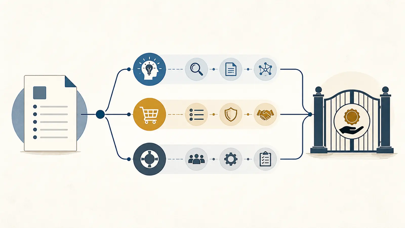 Illustration of a security questionnaire routed through learn, procure, and outside-help paths