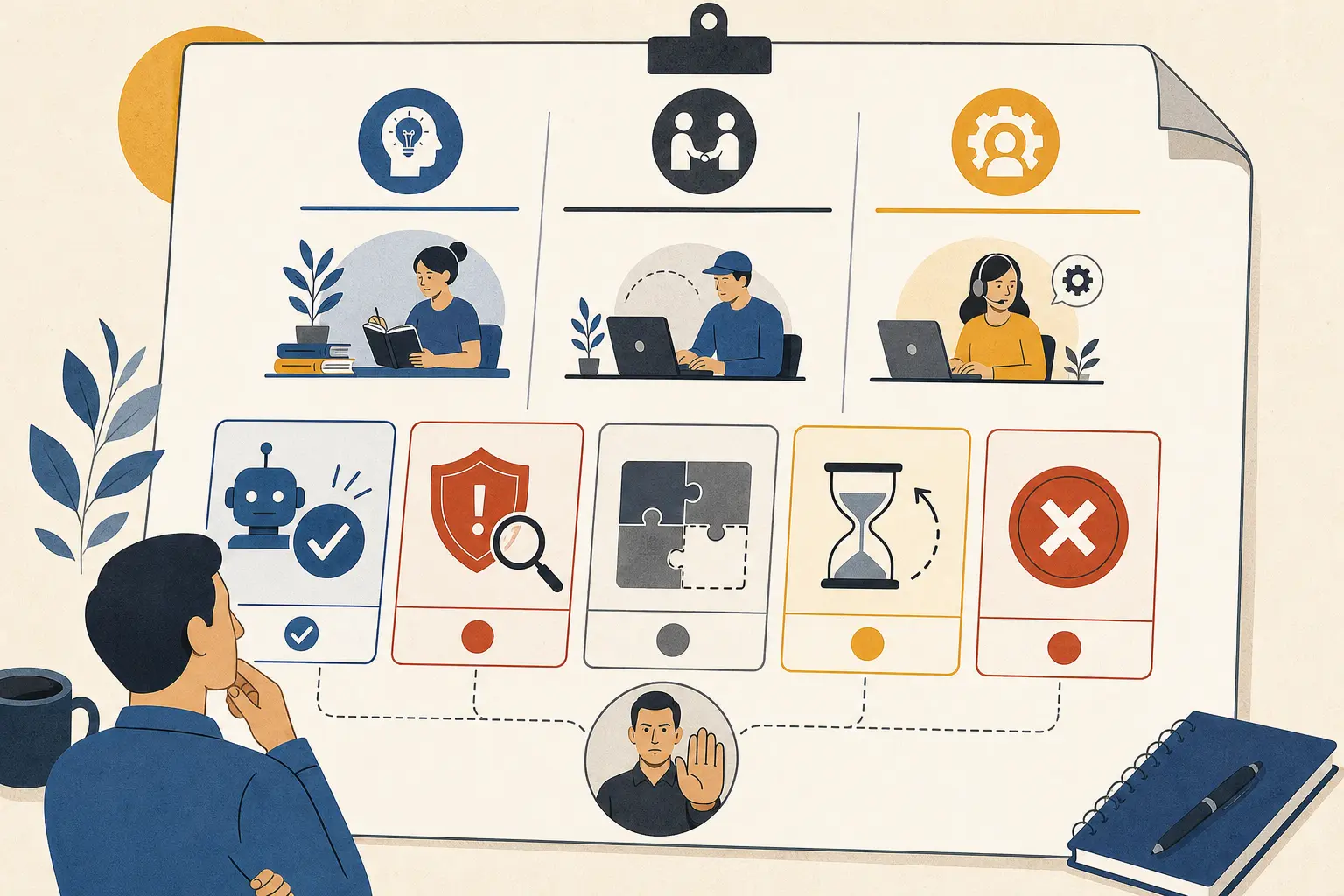Illustration of a buyer comparing internal learning, outsourced implementation, and managed approval workflow procurement