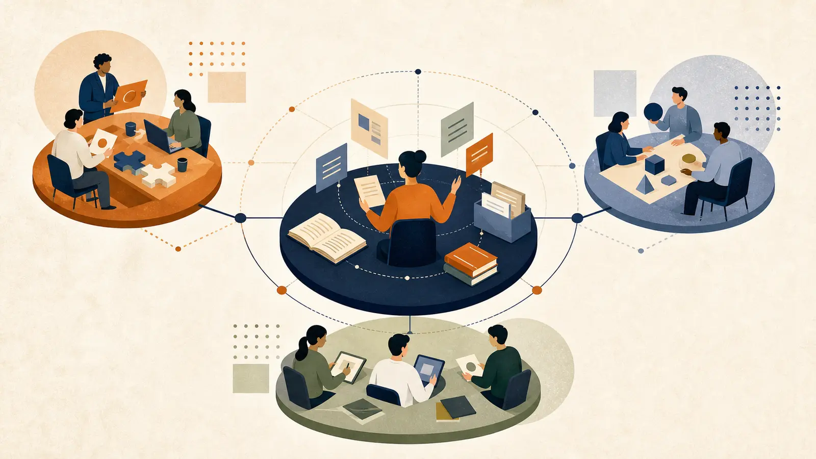 Illustration of a central AI champion coordinating shared standards while role teams practise locally